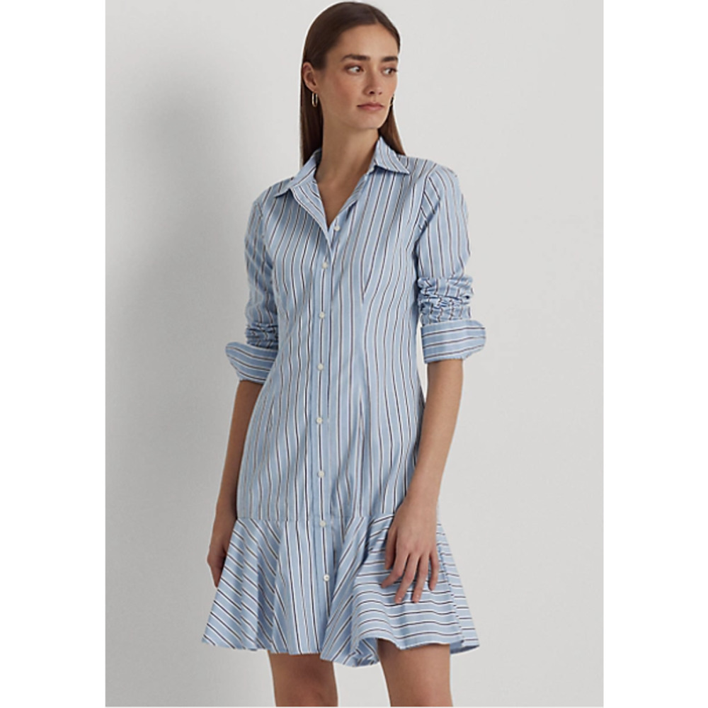 Women Ralph Lauren Striped Cotton Broadcloth Shirtdress Black Label Blue White 4